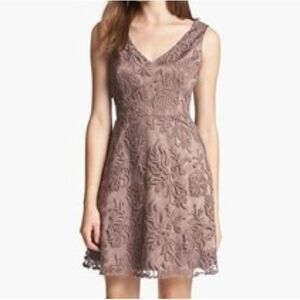 Adrianna Papell Mocha Brown Floral Lace Soutache Dress Sz 6